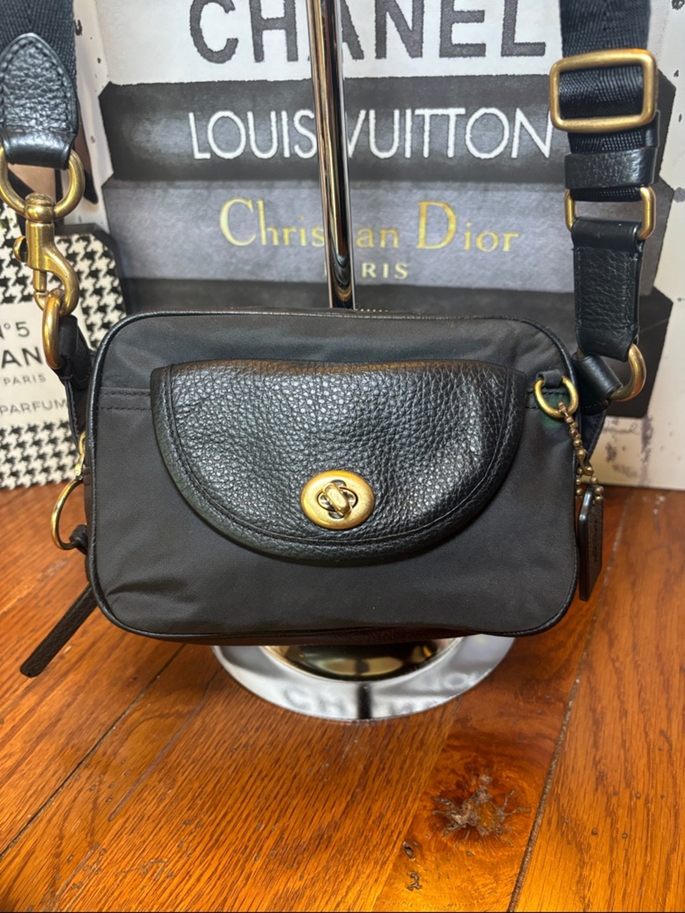 Coach Vintage Black Nylon & Leather Turnlock Crossbody Bag Style 1074